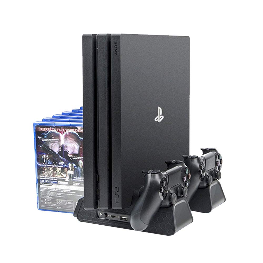 Deco Gear Vertical Dual Controller Charging Dock for PS4/ PS4 Slim/ PS4 Pro with 2 High Speed Cooling Fans and Slot for 12 Games