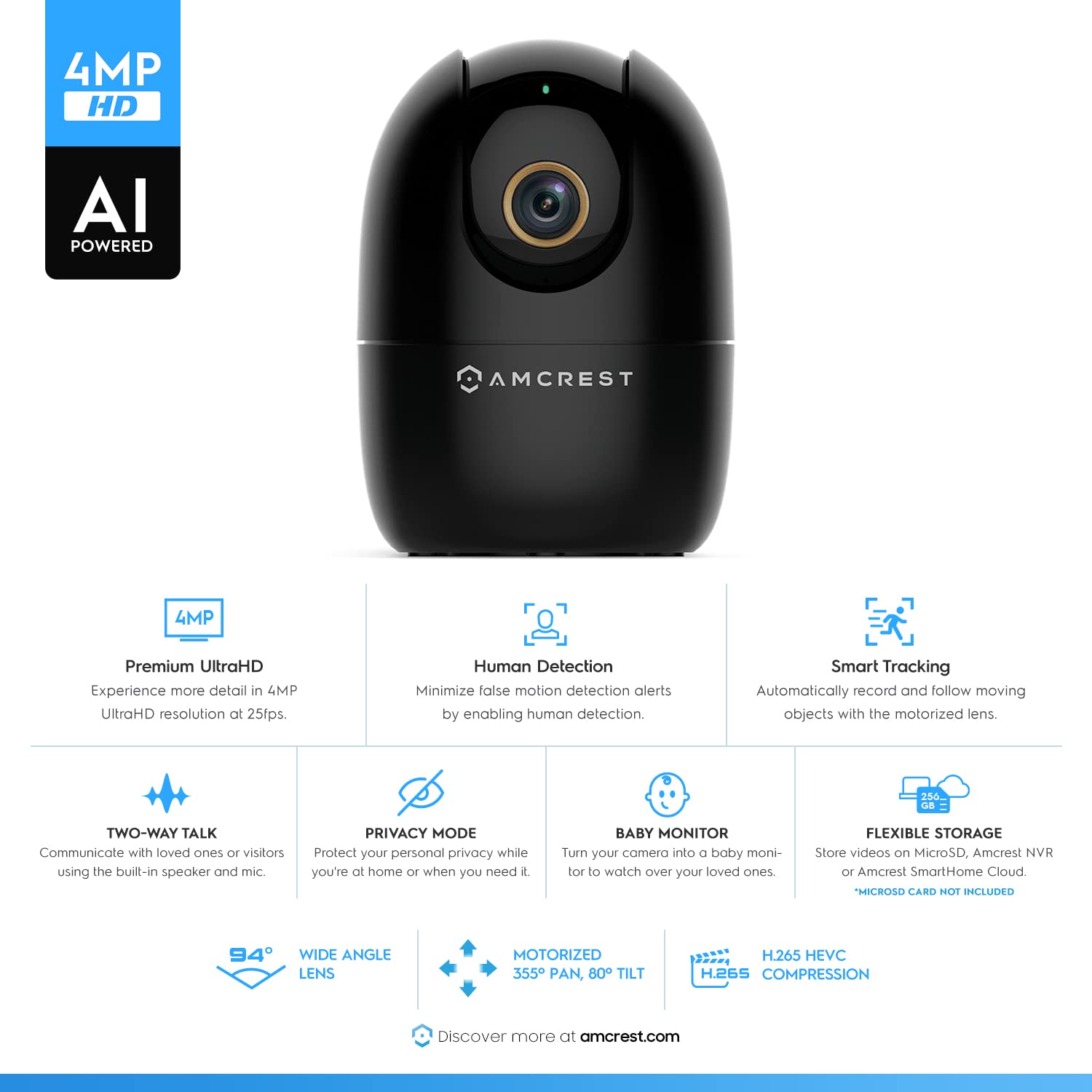 Amcrest 4Mp Wifi Camera Indoor, Dog Camera, Sound & Baby Monitor, Human & Pet Detection, Motion Tracking, W/ 2 Way Audio, Pan/Ti