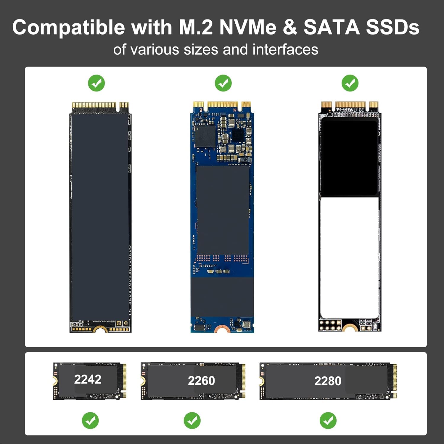 M.2 Nvme Sata Ssd Enclosure, Anyoyo Usb 3.2 Gen 2 10Gbps Solid State Drive Case For 2230 2242 2260 2280 M.2 Nvme/Sata Ssd With M