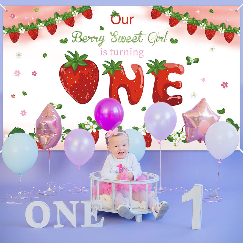 Strawberry 1St Birthday Backdrop For Girls, Our Berry Sweet Is Turning Baby Girls First Birthday Background, 42.9 X 70.2 Inches