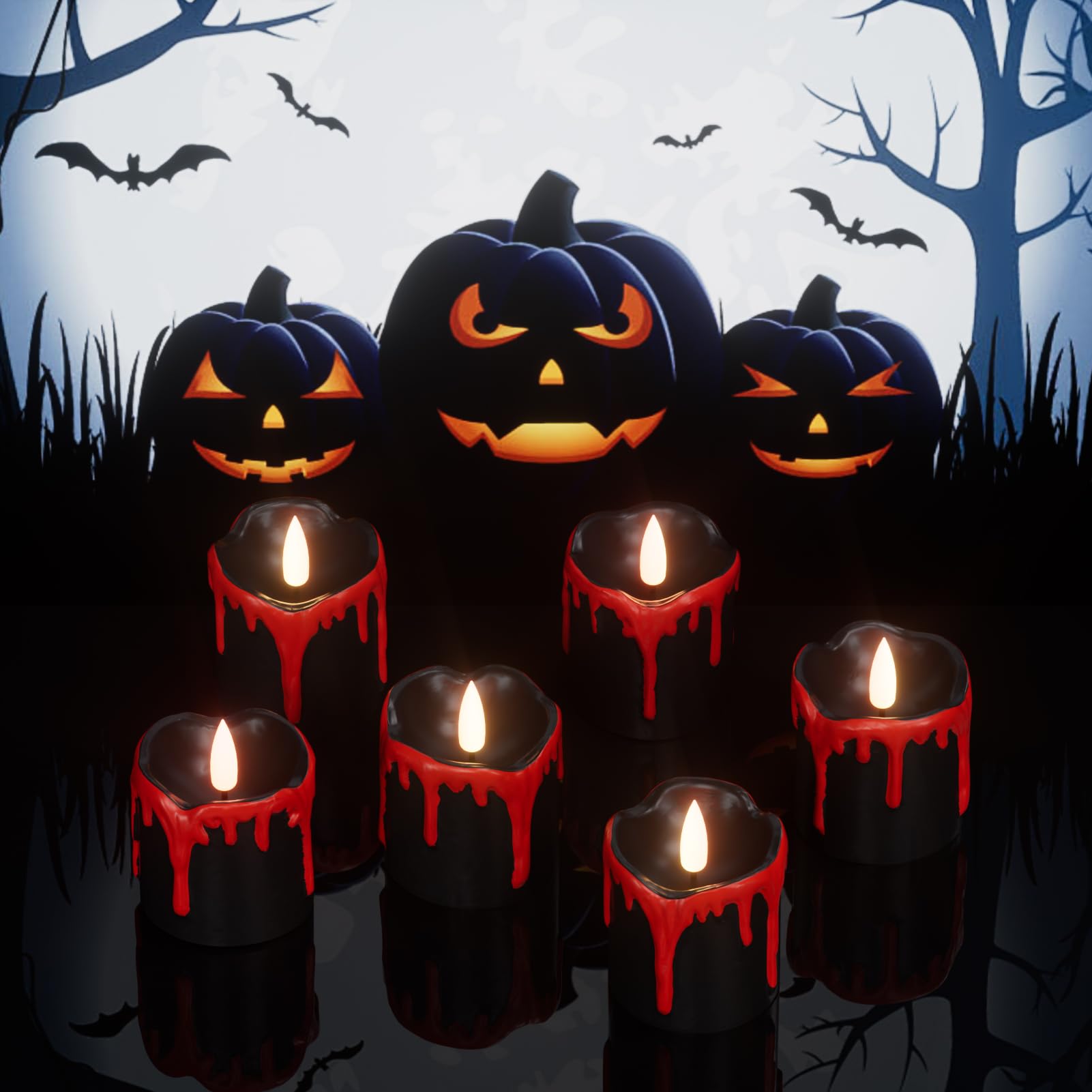 Wondise Halloween Black Flameless Candles With Timer, Battery Operated Votive Candles Tea Light With Blood Dripping Real Wax 3D