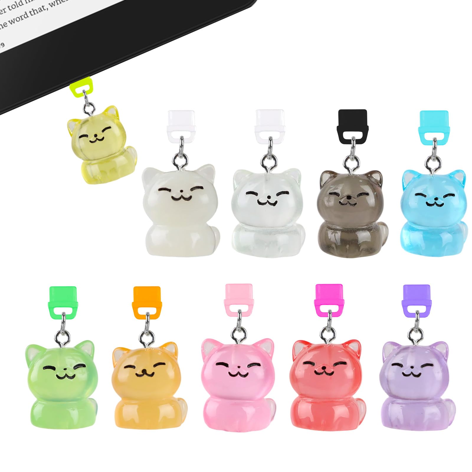 TAKEALOOKO Dust Plug Charms for Kindle - 10Pcs Fluorescent Resin Cute Cats Dustplug Accessories, Gift for E-Reader Book Lovers W