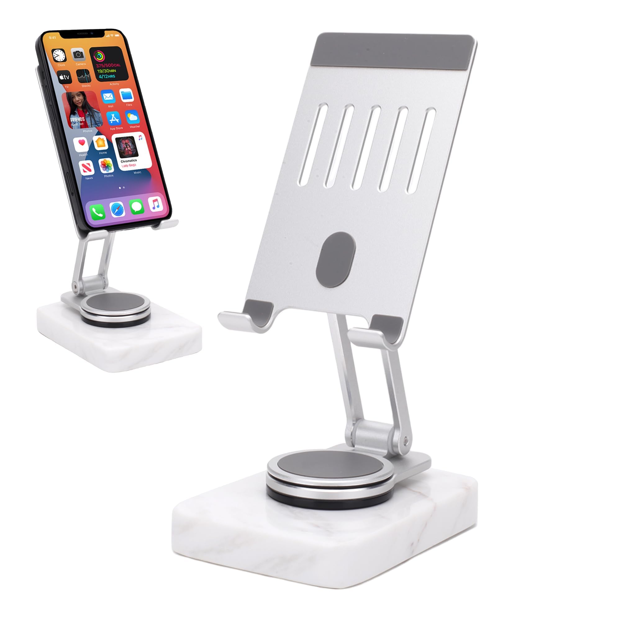 Worhe Cell Phone Stand Sturdy Marble Base 360Rotation Phone Stand For Desk Foldable Aluminum Desktop Compatible With All Mobile 