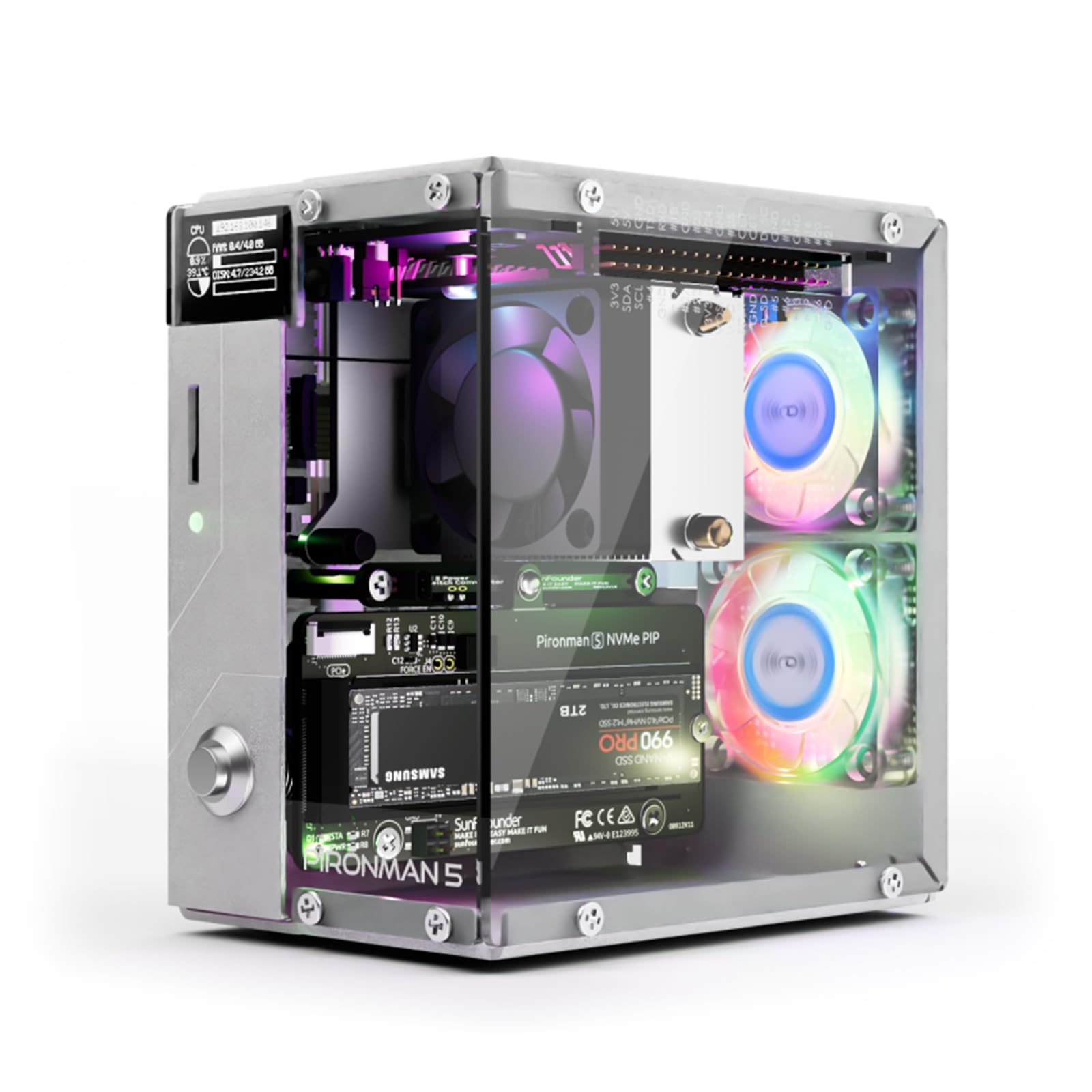Pironman 5 NVMe M.2 SSD PCIe 2.0/3.0 Mini PC Case for Raspberry Pi 5 Hailo-8L, AI Agent OpenClaw, Tower Cooler+Dual RGB Fans, 0.