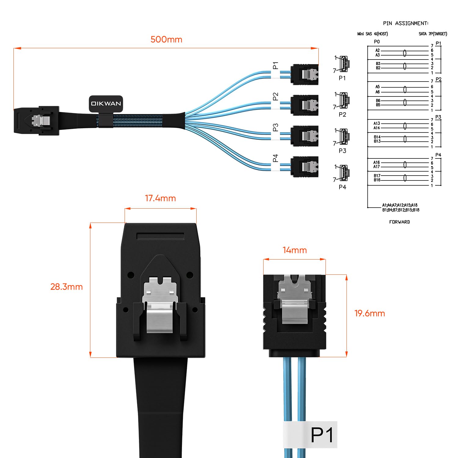 Oikwan Mini Sas To 4 Sata Cable, 36 Pin Sff 8087 Host/Controller To 7 Pin Sata Target/Backplane, Compatible With Perc H310, Raid