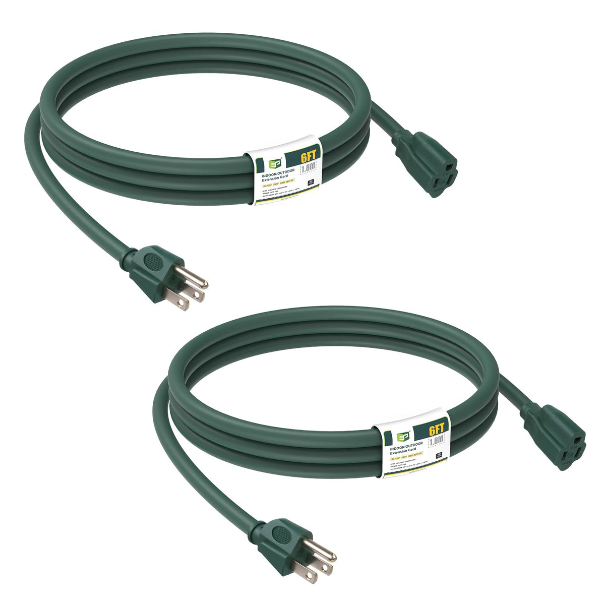 Ep 2 Pack 6Ft Green Outdoor Extension Cord, 16/3 Sjtw Heavy Duty Waterproof, 3 Prong Grounded Plug, 13A 1625W 16Awg, Cold Resist