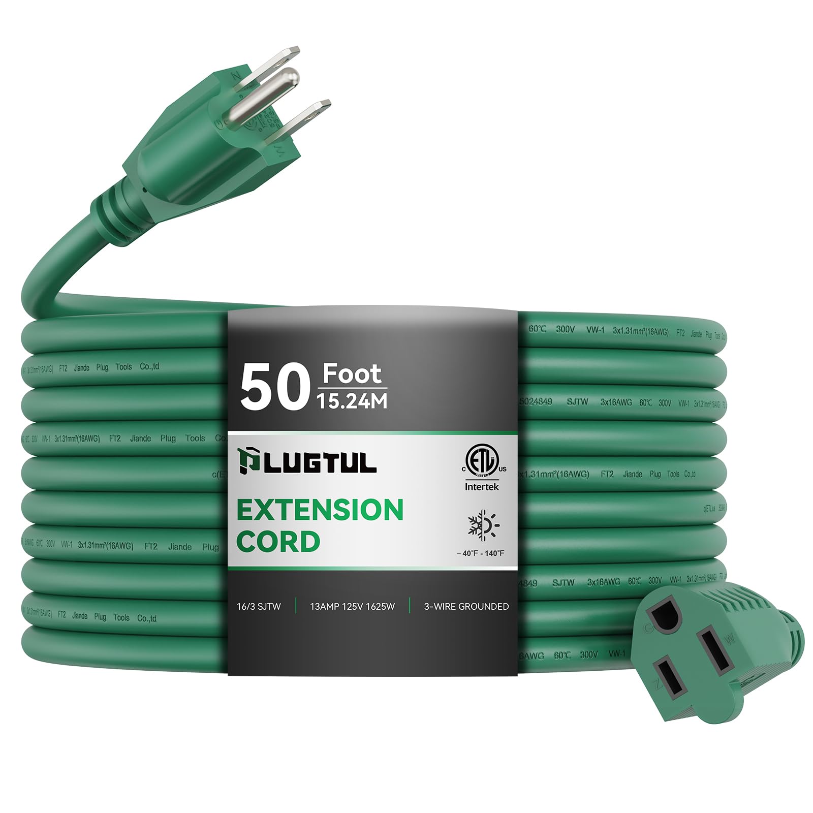Plugtul 50 Ft Outdoor Extension Cord Waterproof 16/3 Green Heavy Duty 3 Prong Extension Cord, 13A 1625W Sjtw, Etl Listed, Great