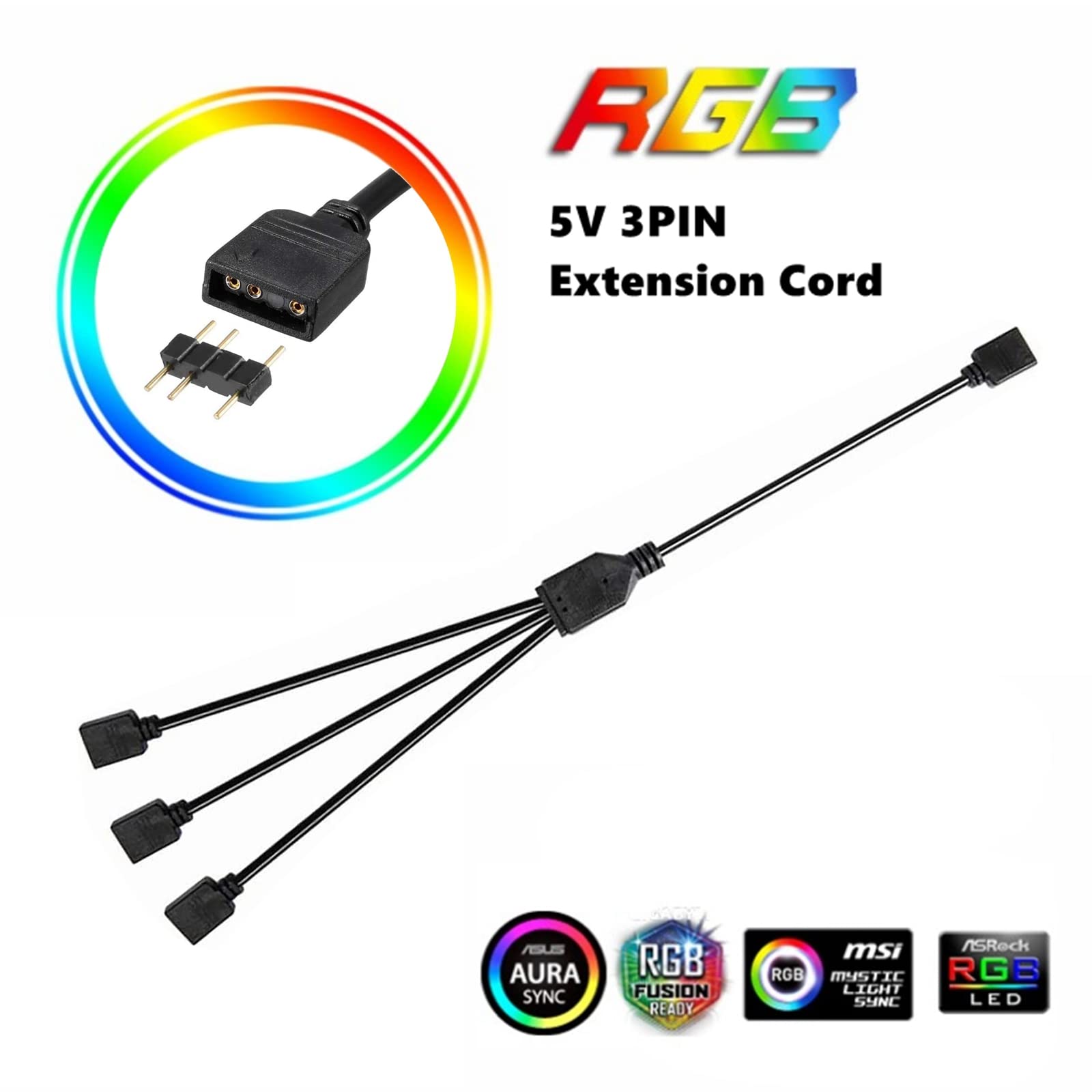Besvalo Rgb Extension Cable 3 Pin, Computer Motherboard Argb Interface Extension Cable Female Connetor, 5 V Argb 3 Pin Connector 1 3