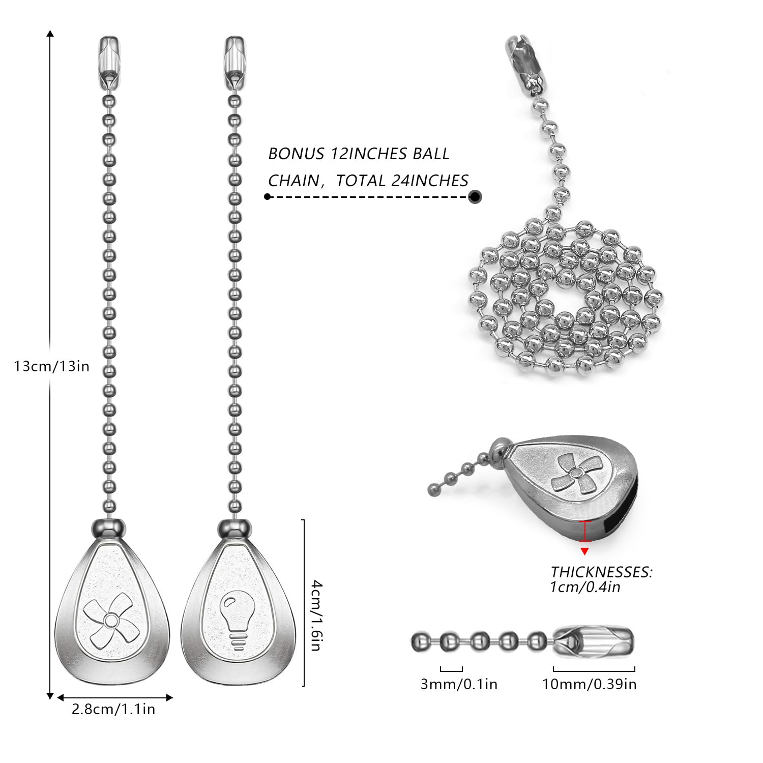 Dotlite Silver Ceiling Fan Pull Chain, 12 Inches Decorative Fan Pull Chain Ornaments Extension, 3Mm Diameter Beaded Ball Fan Pul