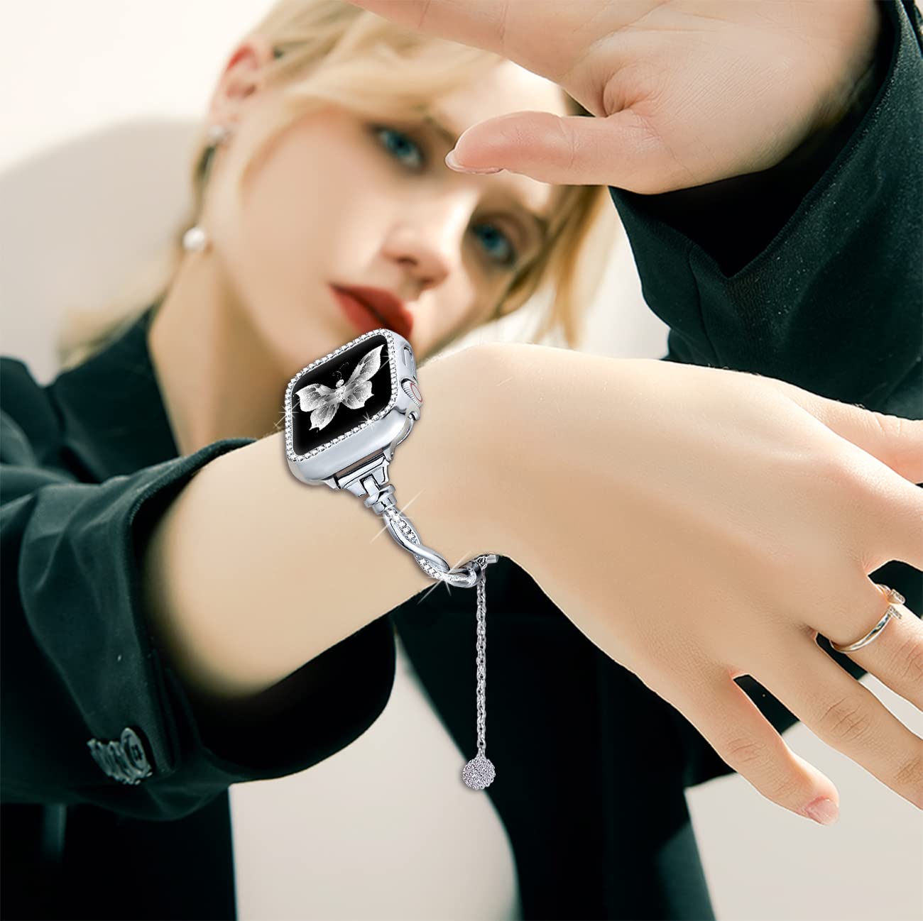 Dilando Bling Band And Case Compatible With Apple Watch Band 44Mm 45Mm 42Mm Women, Slim Dressy Metal Bracelet Strap Rhinestone B