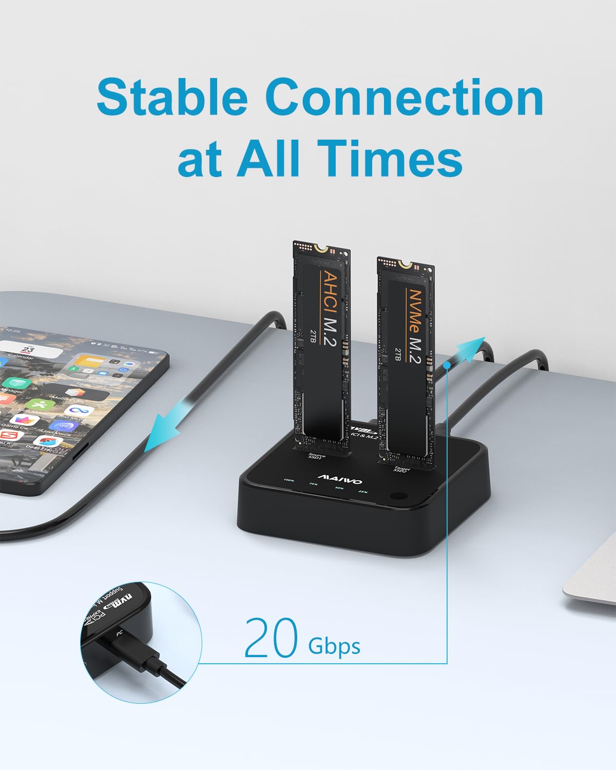 Maiwo K3016P2 Nvme Ahci M.2 Ssd Duplicator, Usb3.2 Type C 20Gbps Clone Docking Station, For M.2 Ssd 2230/ 2242/ 2260/ 2280, Support One Key Cloner Copy Function