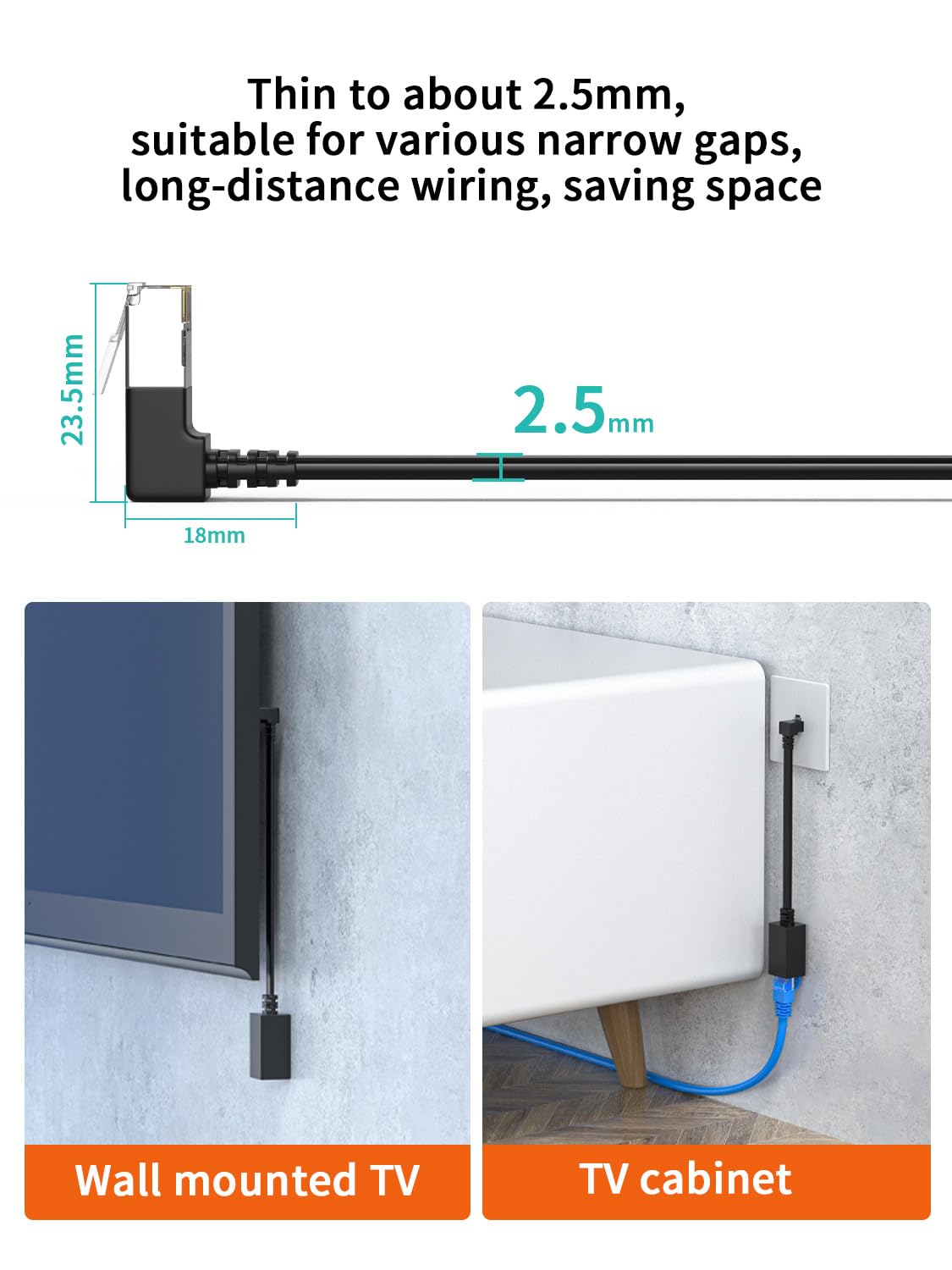 2Packs Right Angle Cat7 Ethernet Extension Cables Flat 0.5 Ft,Right Angle Down 90 Degree Lan Extended Cable Network Patch Cord Male To Female Connector For Router Modem Smart Tv Pc Computer Laptop