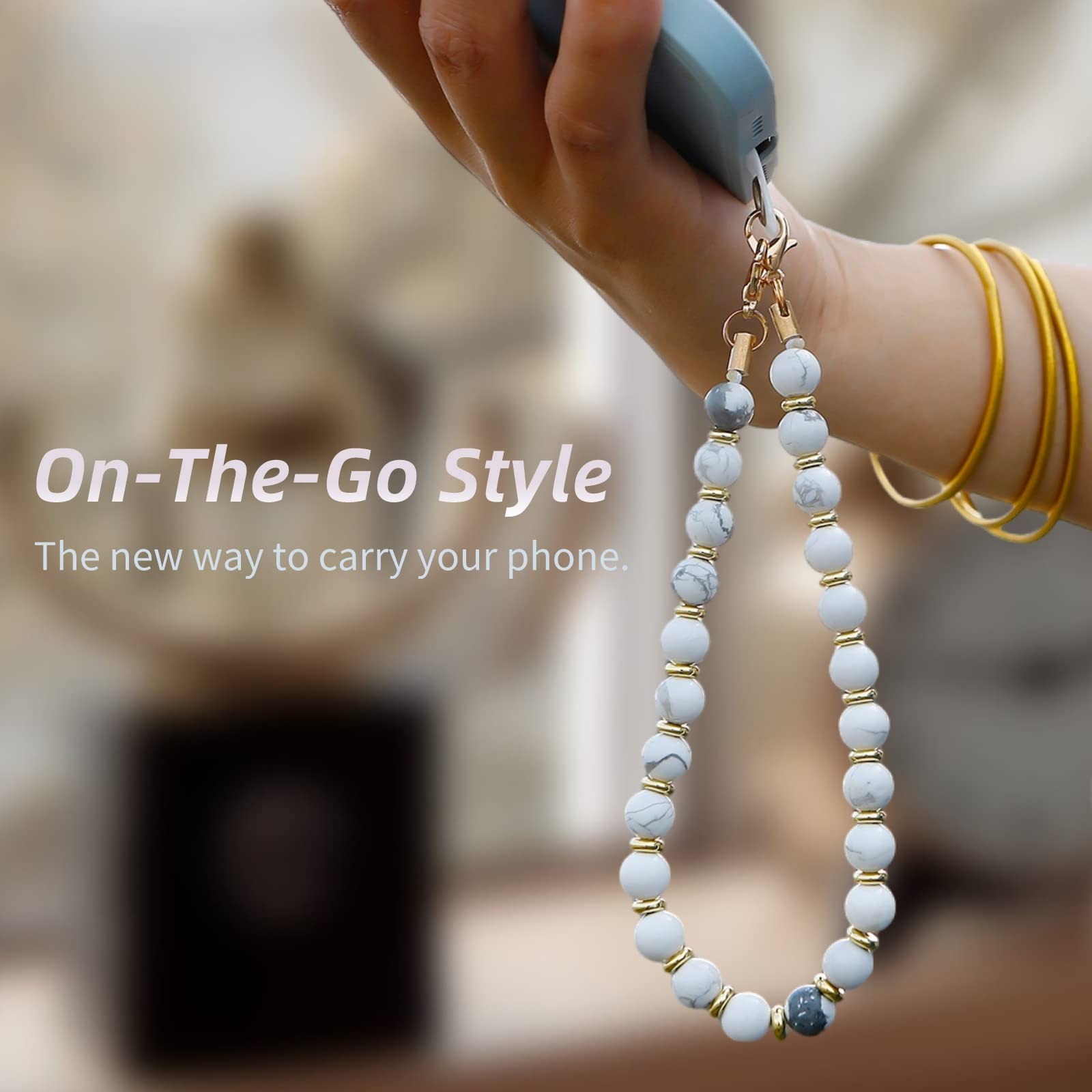 Lostars Marble Beaded Iphone Wrist Strap,Detachable Phone Bracelet Strap With Tether Tab,Hands Free Phone Wristlet Strap (Marble