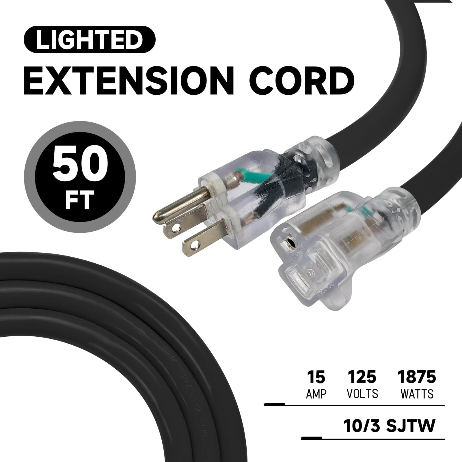 Ep 50 Ft Lighted Outdoor Extension Cord   10/3 Sjtw Heavy Duty Black Extension Cable With 3 Prong Grounded Plug For Safety, Ul L