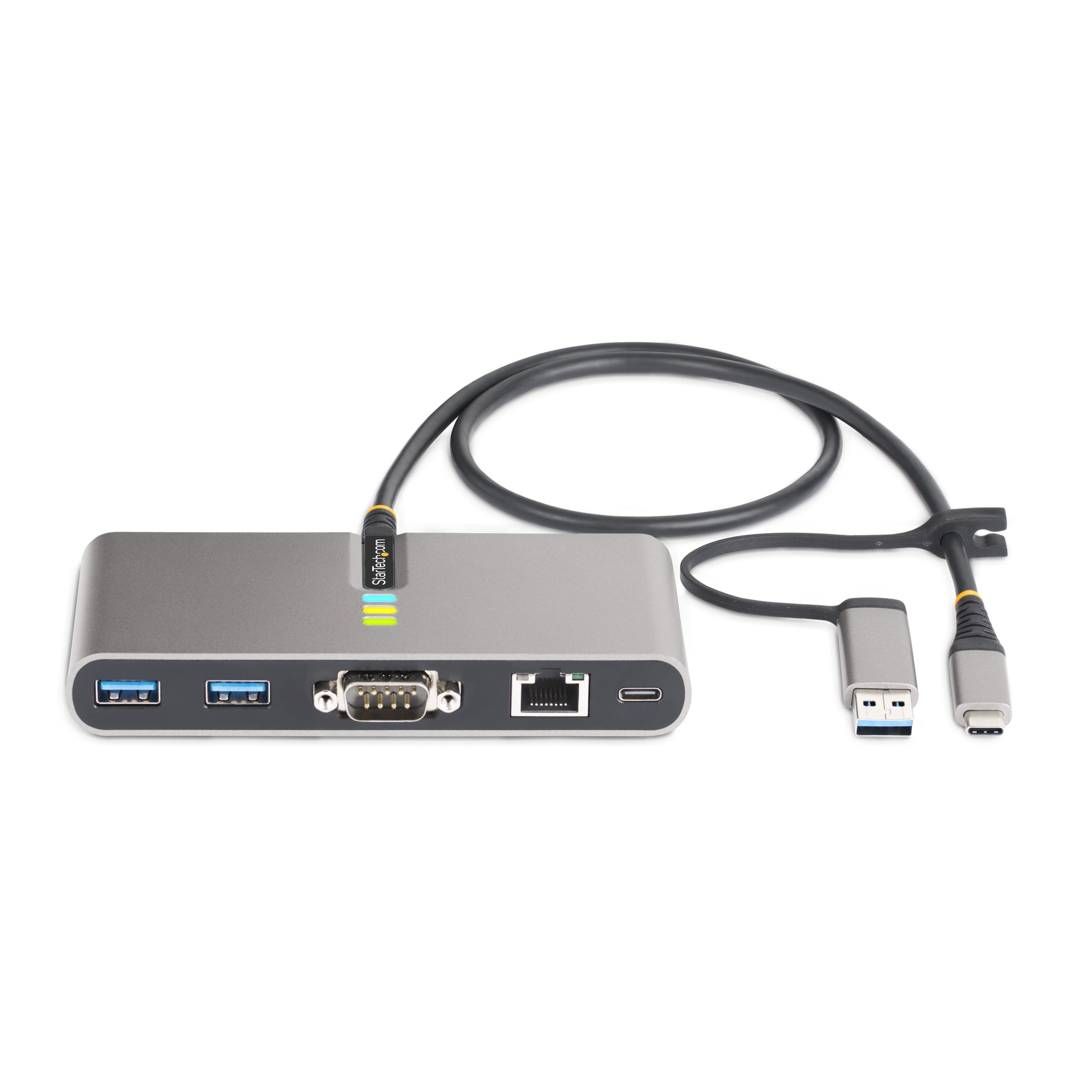 StarTech.com 2 Port USB C Hub with Gb Ethernet and RS232 FTDI Serial, Attached USB C to USB A Dongle, 100W PD Pass Through, 2X USB A 5Gbps
