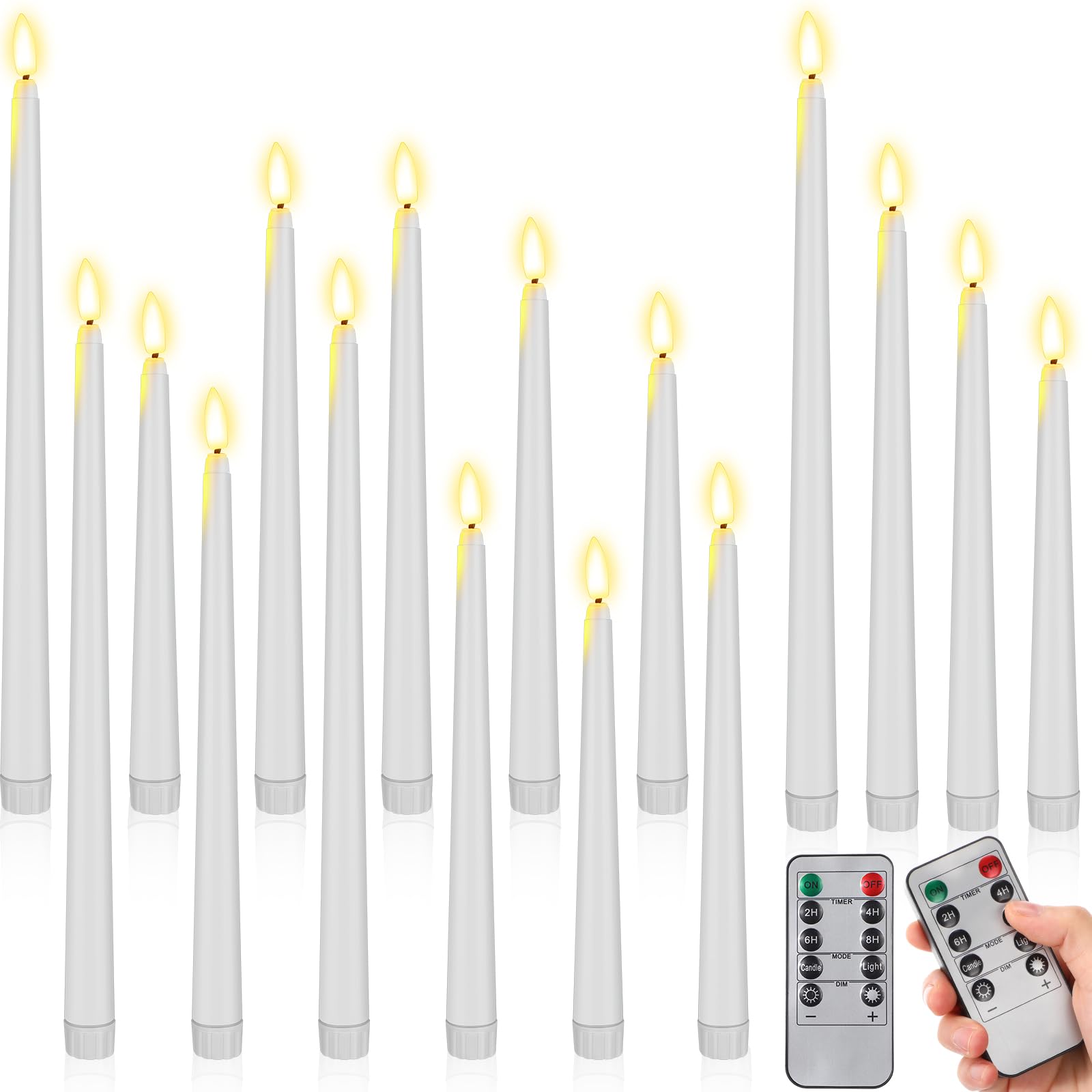 Rossesay 16 Pcs White Flameless Taper Candles Battery Operated Candles with Remote Timer 8.5 9.6 10.8 12.8 Multiple Sizes White 