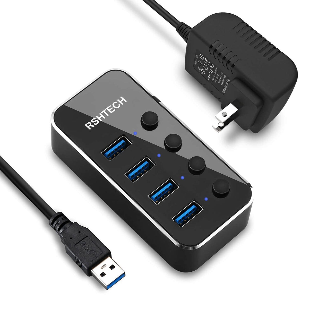 Powered Usb Hub, Rshtech 4 Port Usb 3.0 Hub Splitter Portable Aluminum Usb Data Hub Expander With Individual On/Off Switch And U