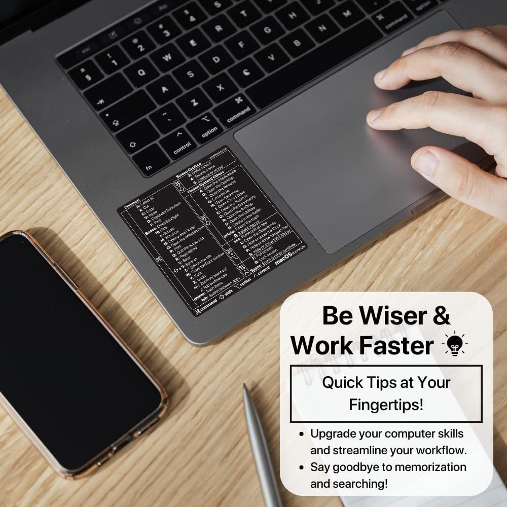 Afterplug Mac Os Keyboard Shortcuts Sticker, 50+ Shortcuts For 13 16 Inch Macbook Pro & Air, Residue Free Vinyl, Black With Whit