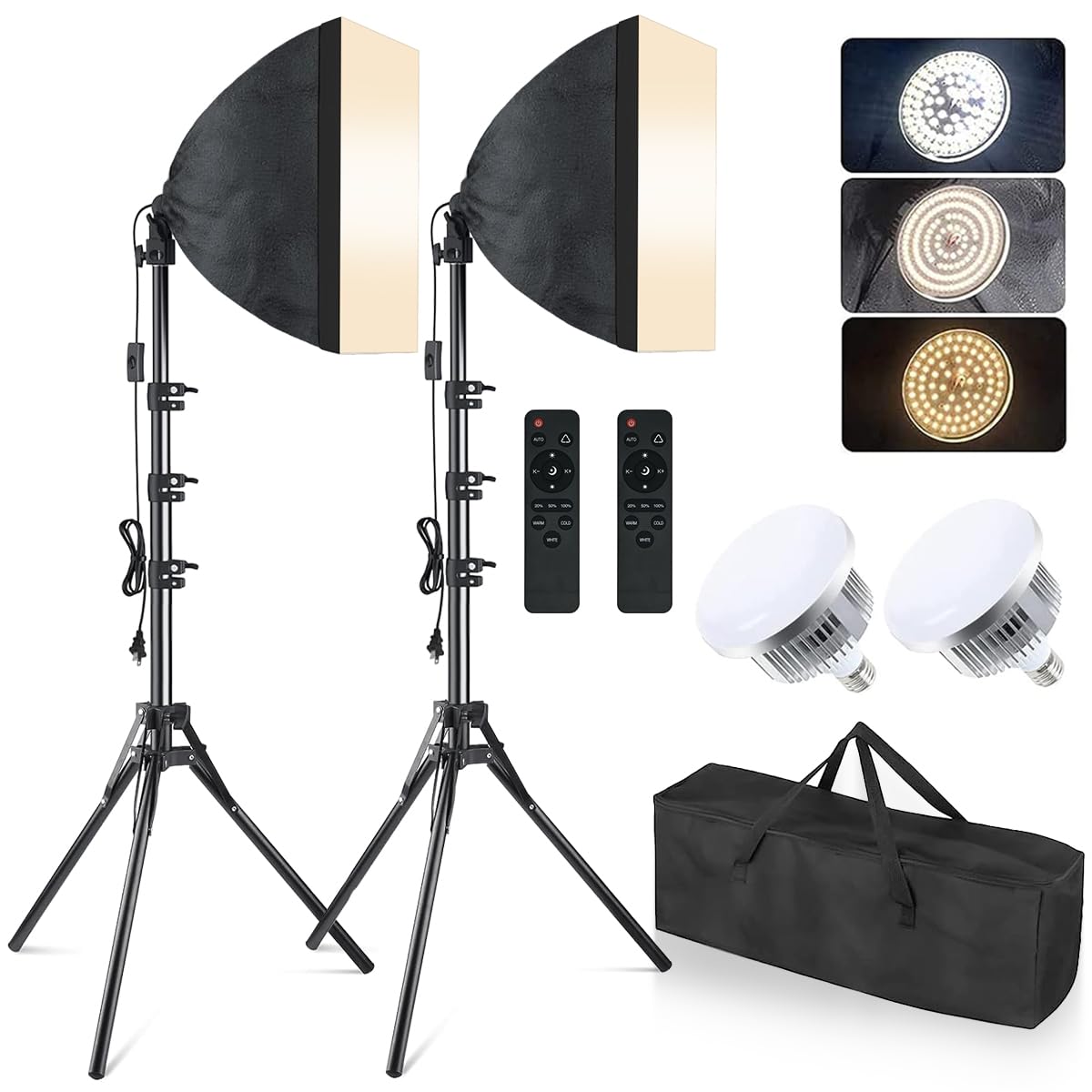 Mountdog Softbox Lighting Kit, 2X 16'' X 16'' Photography Softbox Lighting With 2Pcs 85W E27 Socket Led Bulbs And Remote Studio