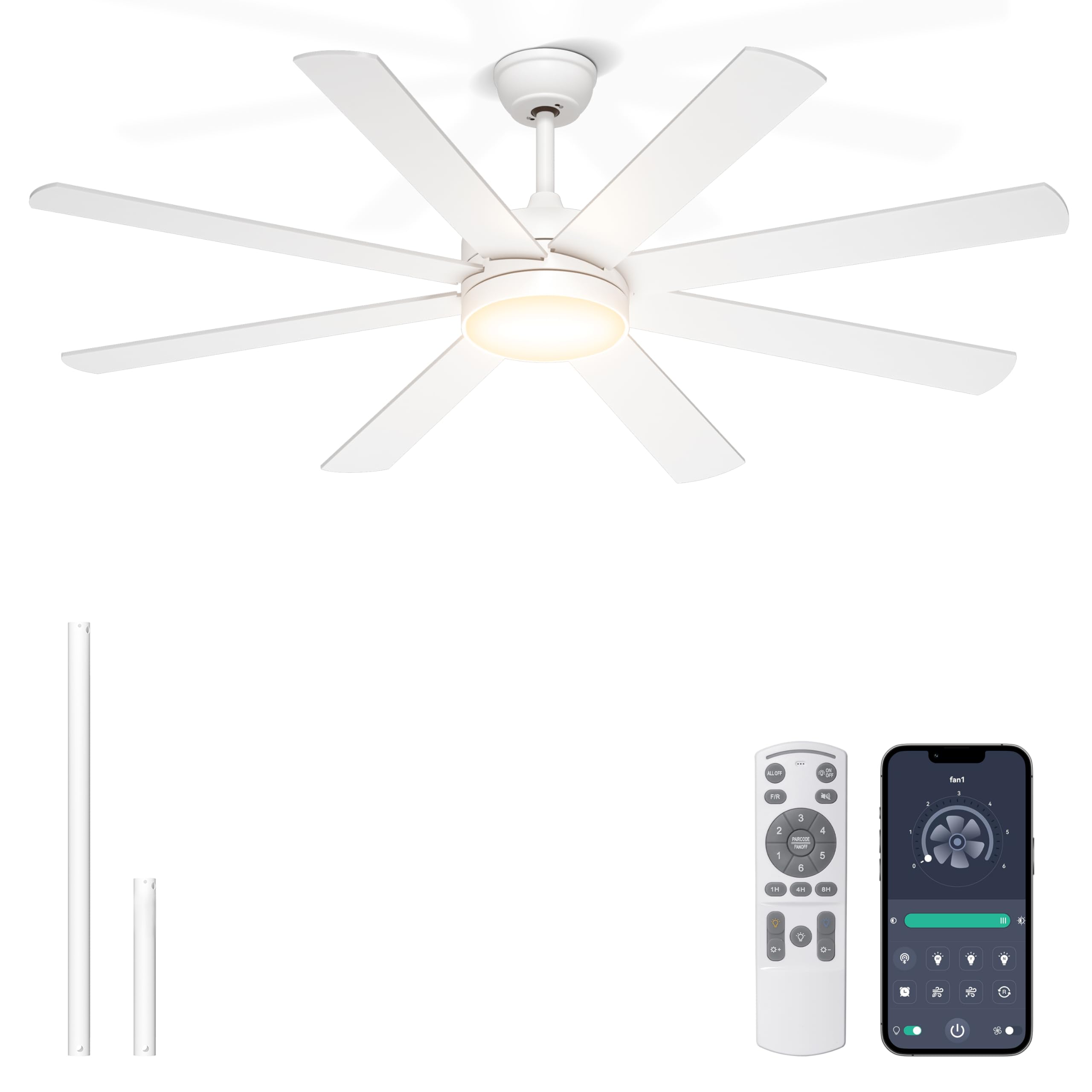 Phylluz 60 Inch Ceiling Fans with Lights - 8 Blades White Ceiling Fan Remote/APP Control, Dimmable, Reversible Ceiling Fan for I