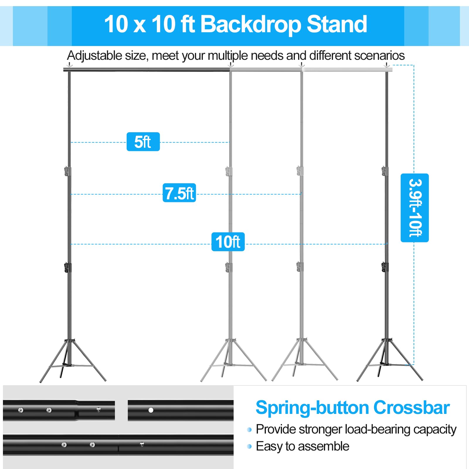 Emart Photo Video Studio Backdrop Stand, 10 X 10Ft Heavy Duty Adjustable Photography Muslin Background Support System Kit