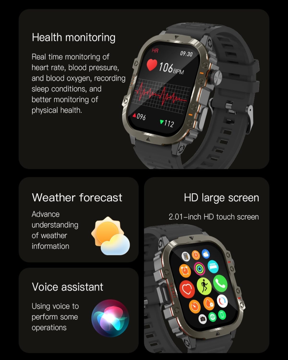Kukzau Smart Watch For Women Men Fitness (Answer/Make Calls) Compatible With Iphone/Android Phones, 2.01 Hd Screen Outdoor Sport