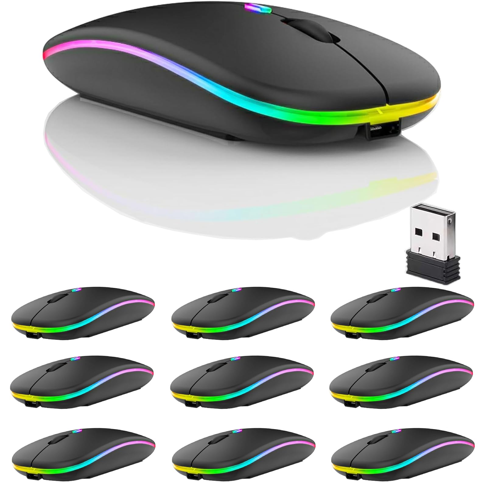 10 Pack Wireless Bluetooth Mouse,Led Dual Mode Rechargeable Silent Slim Laptop Mouse,Portable(Bt5.2+Usb Receiver) Dual Mode Comp
