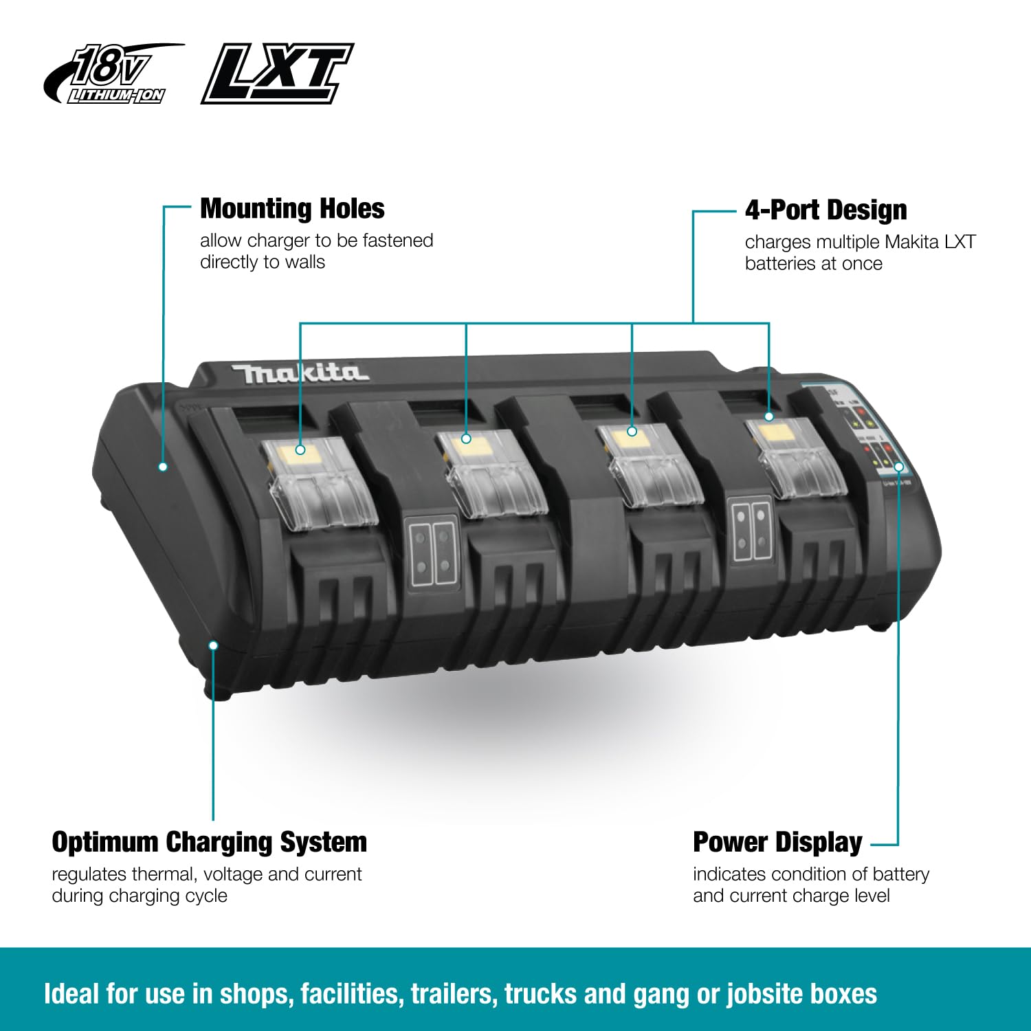Makita Dc18Sf 18V Lithium Ion Rapid Optimum 4 Port Charger, 1 Pack,Black