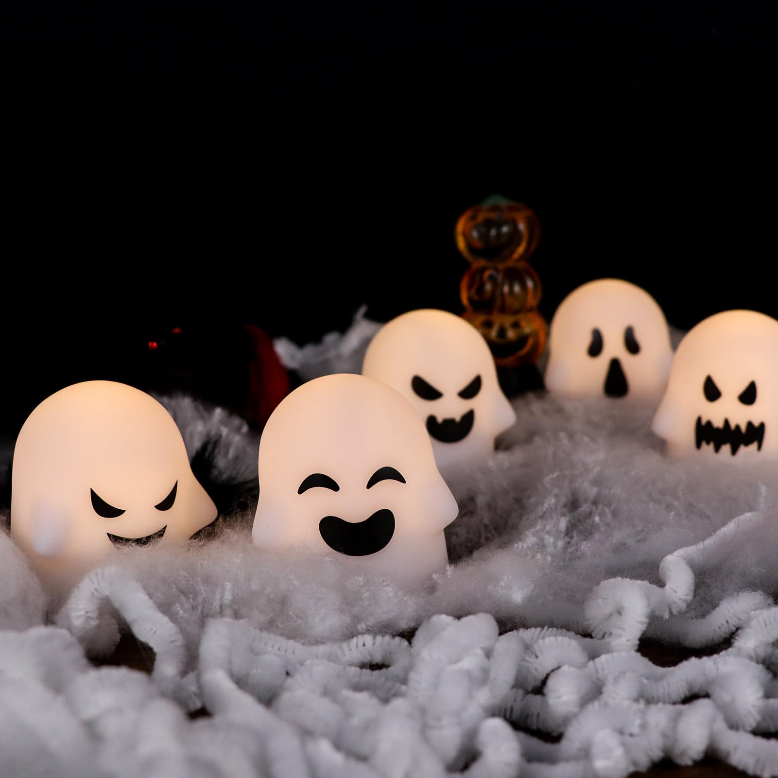 Lasumora Ghost Halloween Decorations Flameless Candles With Remote Timer, 6 Pack Grimace Ghost Candles, Battery Operated White L