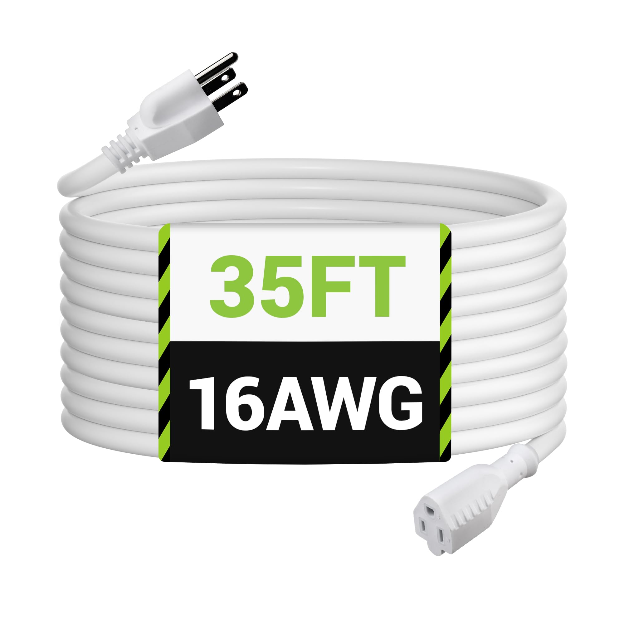 Bn Link 35Ft Outdoor Extension Cord, 3 Prong, 16 Gauge General Purpose Power Cord, Grounded Plug, White, For Landscaping & Holid