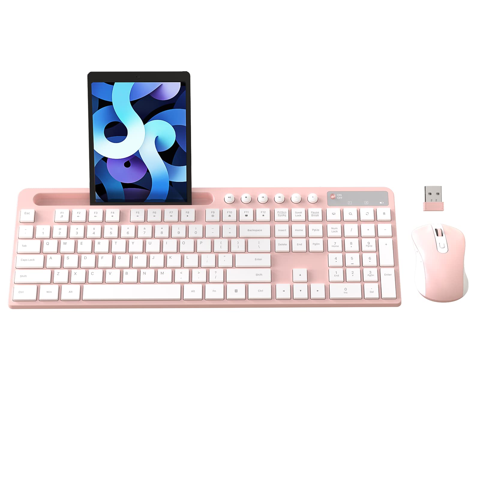 Wireless Keyboard And Mouse Combo, Marvo 2.4G Ergonomic Wireless Computer Keyboard With Phone Tablet Holder, Silent Mouse With 6 Button, Compatible With Macbook, Windows (Pink)