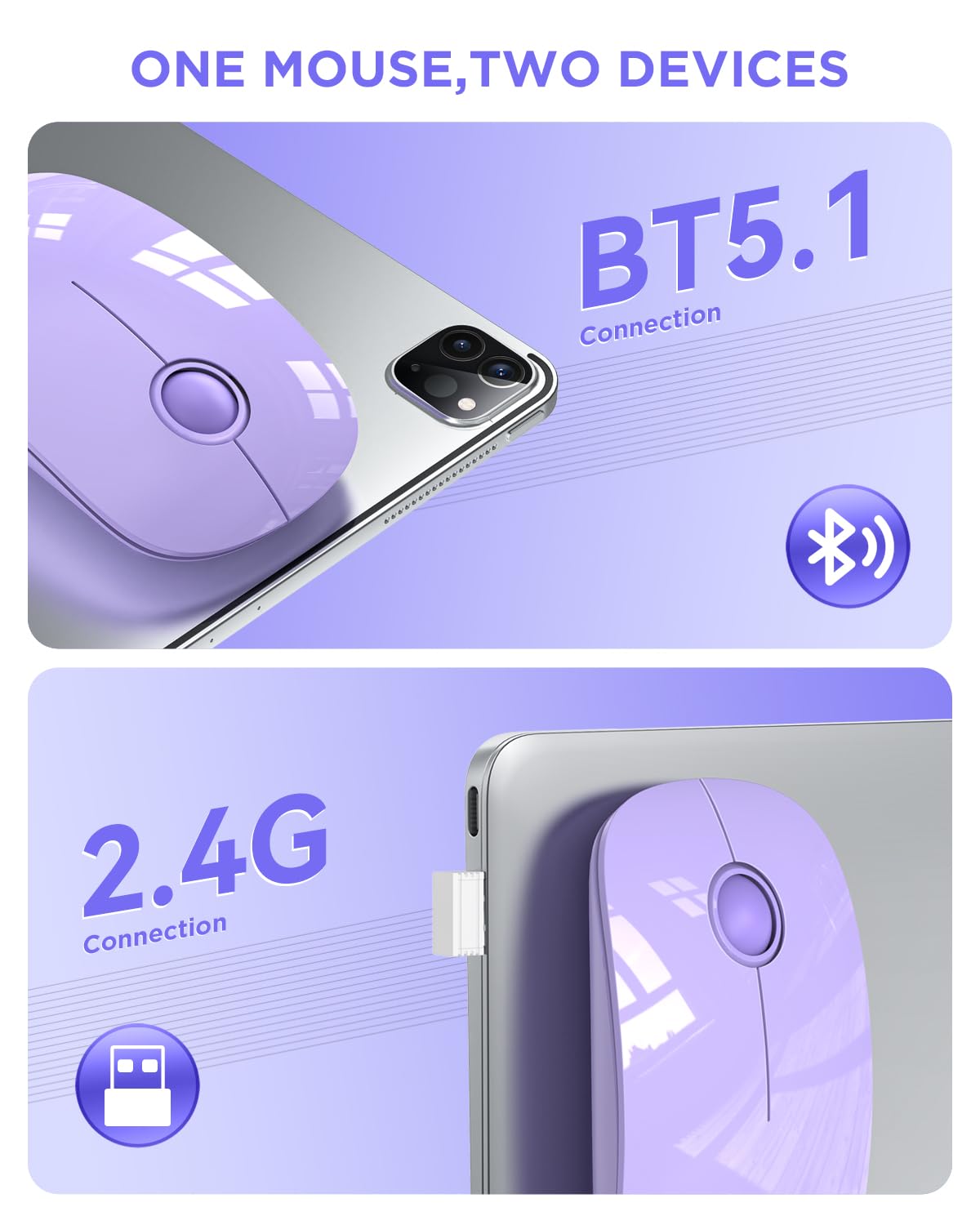 Rapique Wireless Bluetooth Mouse, Purple, 1600 Dpi, Long Battery Life, Dual Connectivity, Quiet Click, High Precision Optical Tr