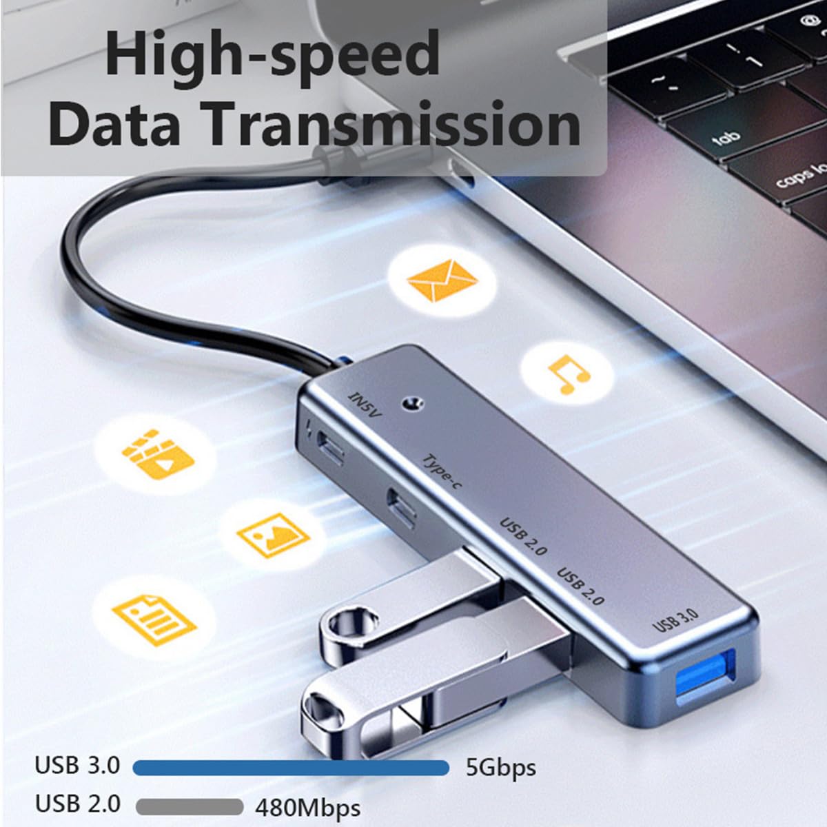 5 In 1 Usb 3.0 Hub, Usb Extender With Usb C Data Port, 5 Ports Usb Hub For Laptop, Pc, Flash Drive, Mobile Hdd, Xbox, Dell Xps, Hp, Etc Devices