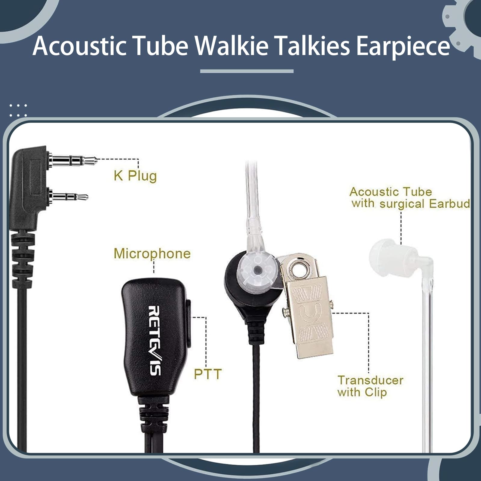Retevis Rb37 Bluetooth Walkie Talkies,Bluetooth Two Way Radio Earpiece,Acoustic Tube Headset,Flashlight,2000 Mah&120H Standby,Si