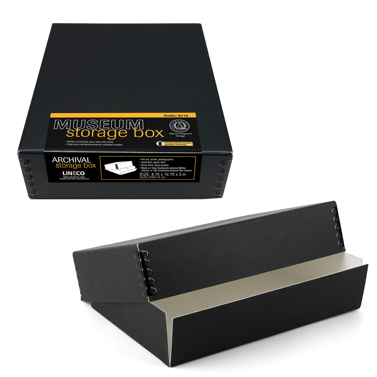 Lineco Museum Archival Drop Front Storage Box, Acid Free With Metal Edges, 8.5 X 10.5 X 3 Inches, Black (733 2008), Set Of 2