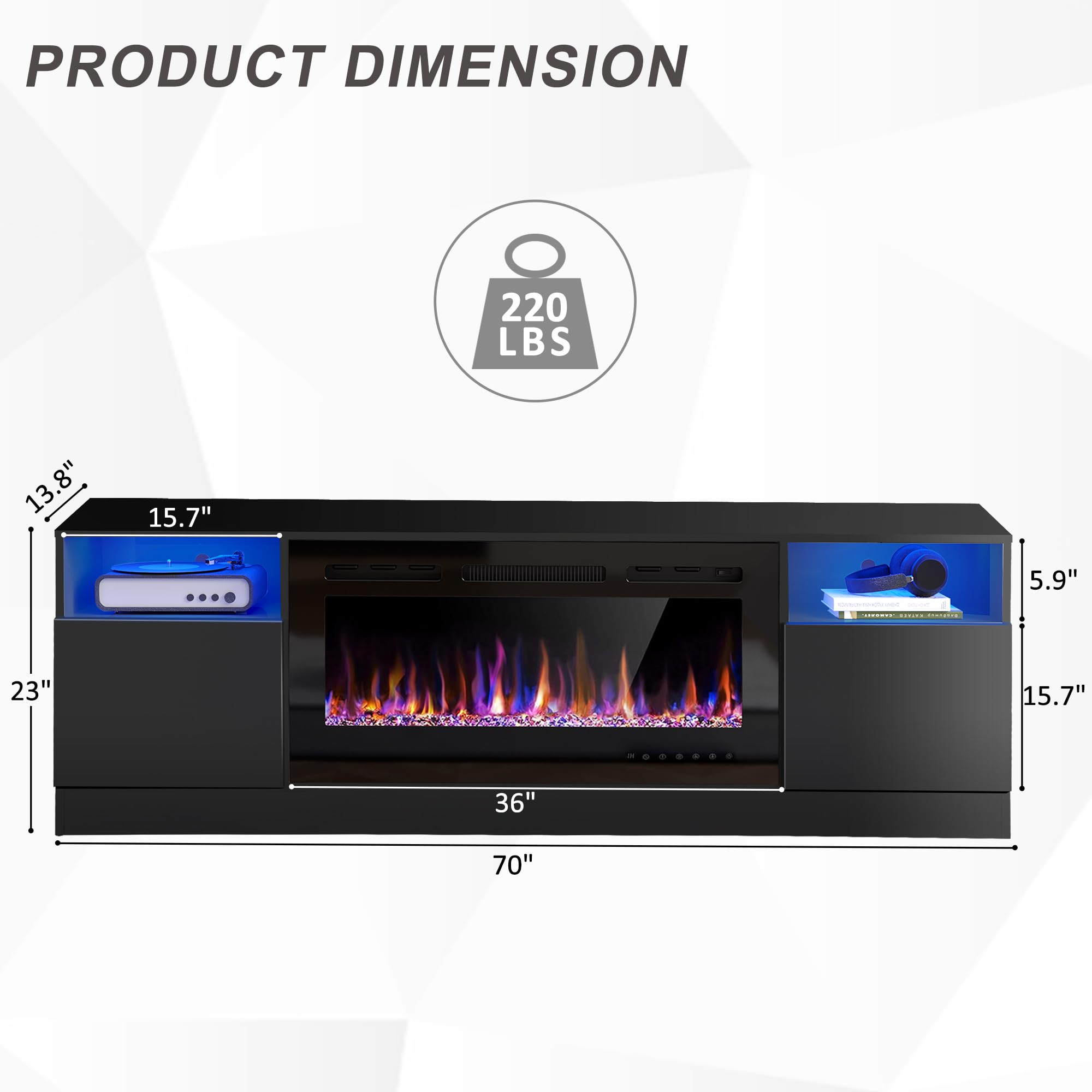 Ahb 70'' Fireplace Tv Stand For Tvs Up To 80'' With 36'' Electric Fireplace, Tv Console For The Living Room, Led Light Entertain