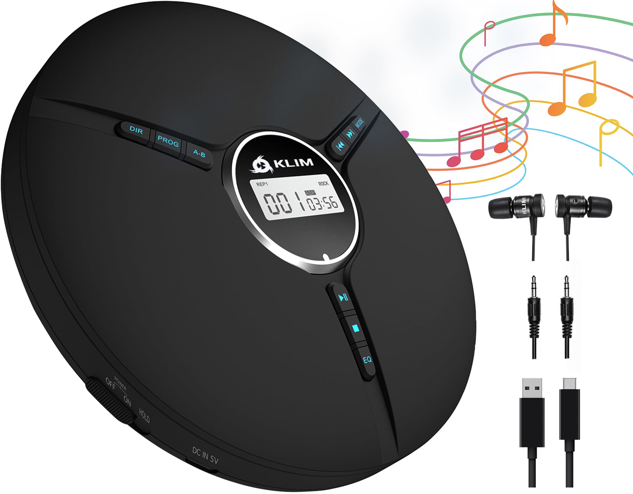 Klim Discman Portable Cd Player With Headphones, Built In Battery   Version 2024   Cd Players For Home, Car   Compatible W/Sd Ca