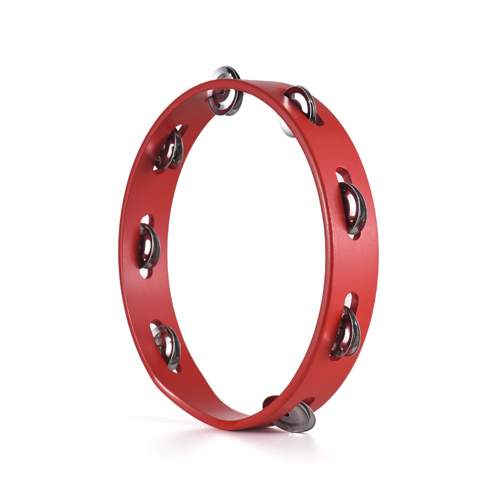 HXYIG 10inch Tambourine for Adults Pleasant Jingle Sound Red Hand Cranked Bell Rings Wooden Metal Bell Sound Percussion Instrum