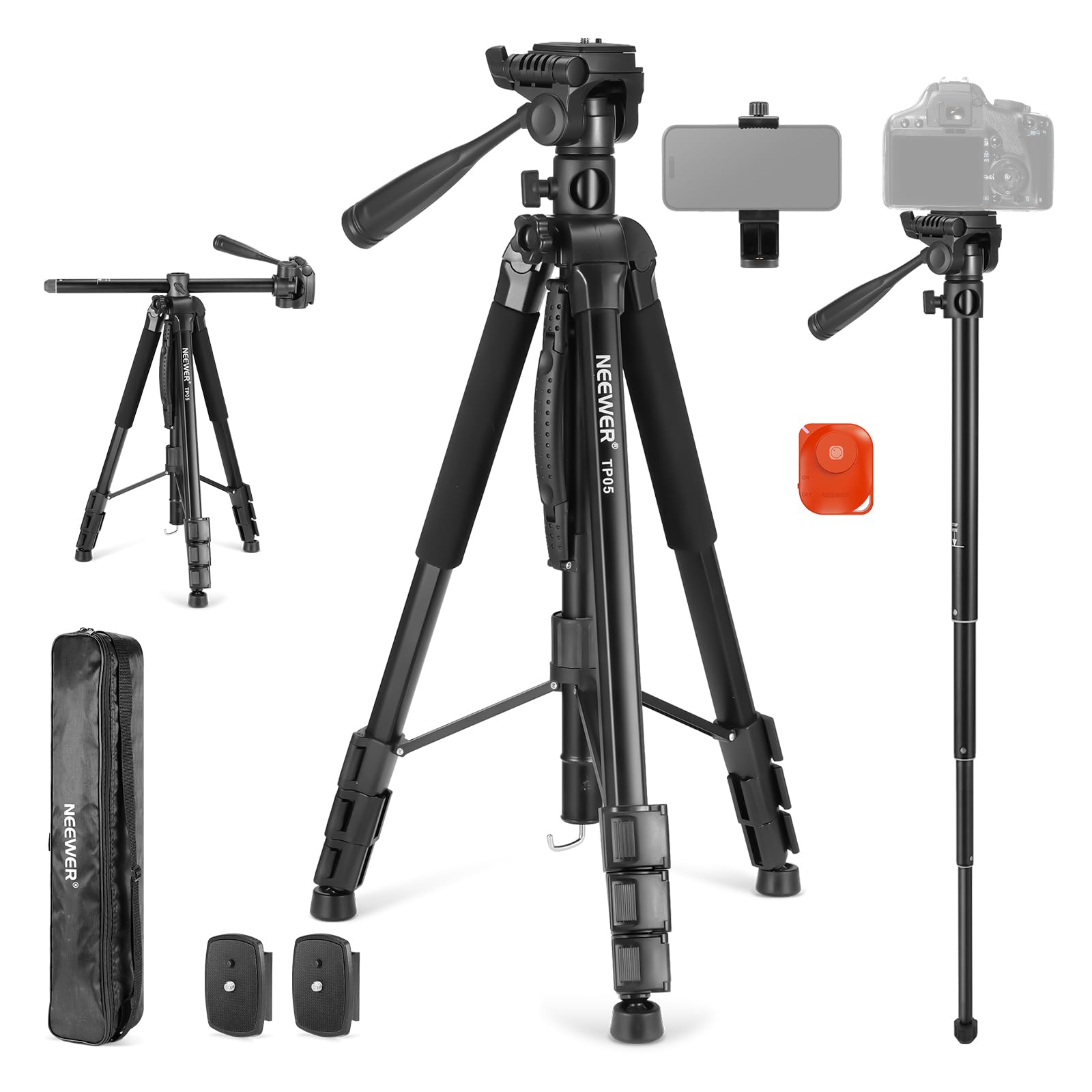 Neewer Basic 74'' Video Tripod Monopod, 3 Way Pan Tilt Head, Remote, Overhead Camera Mount, Horizontal Central Axis, Phone Holde