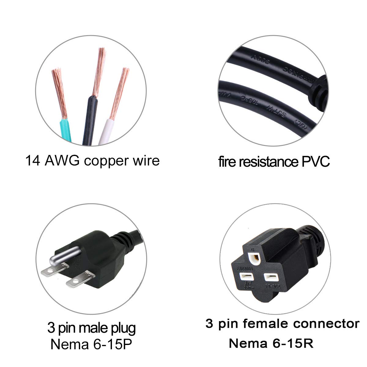 Yodotek 15Ft Nema 6 15P/Nema 6 15R Power Extension Cord For Miner,Power Cable For Led Grow Lights, Digital Ballast, 3 Prong 14 G