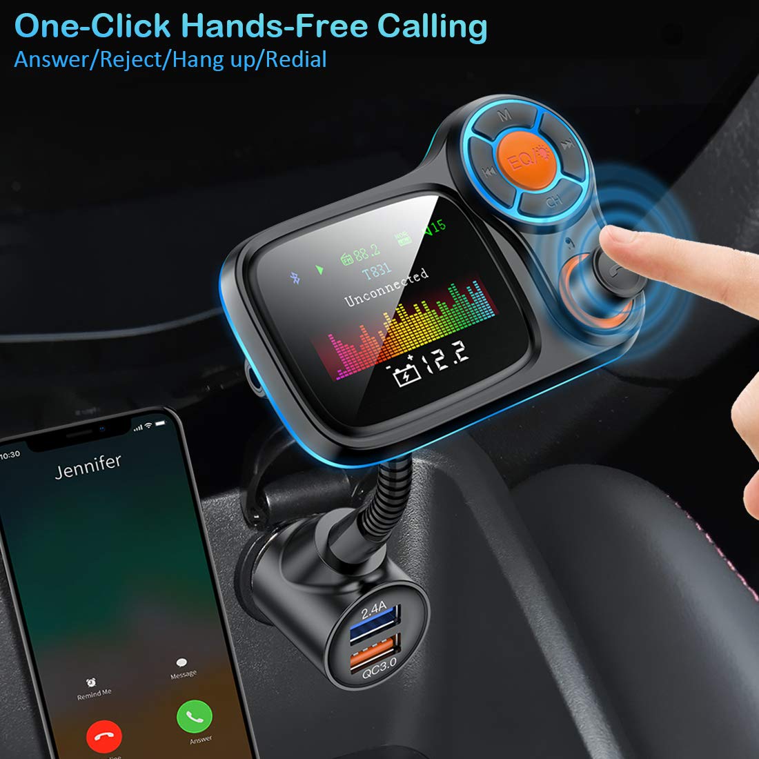 Tsnam Wireless Car Bluetooth Adapter,Radio Fm Transmitters Handsfree Call Receiver And Mp3 Music/App Audio Play,Qc3.0 And Smart