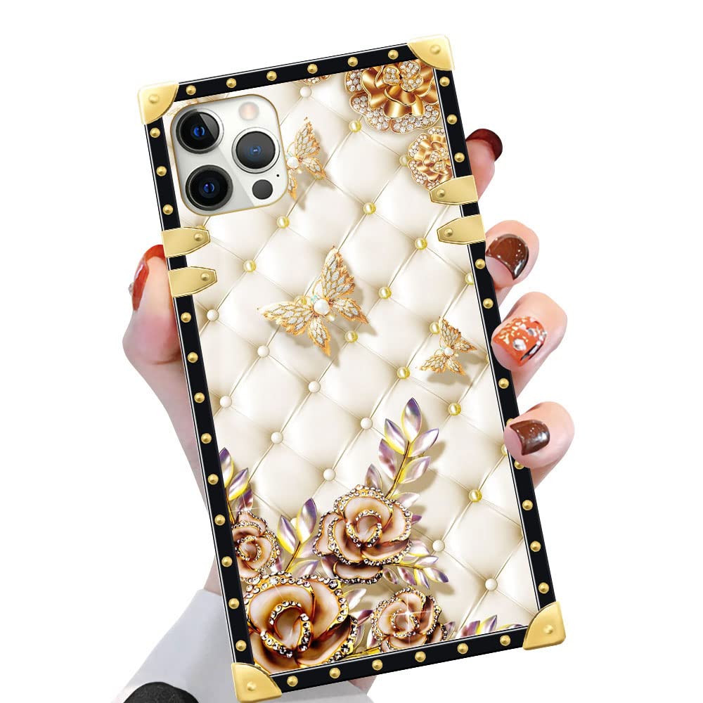 Iphone 13 Pro Max Case , 1 Diamond Butterfly Iphone 13 Pro Max Cases For Girls Womens , Luxury Golden Decoration Square Soft Tpu