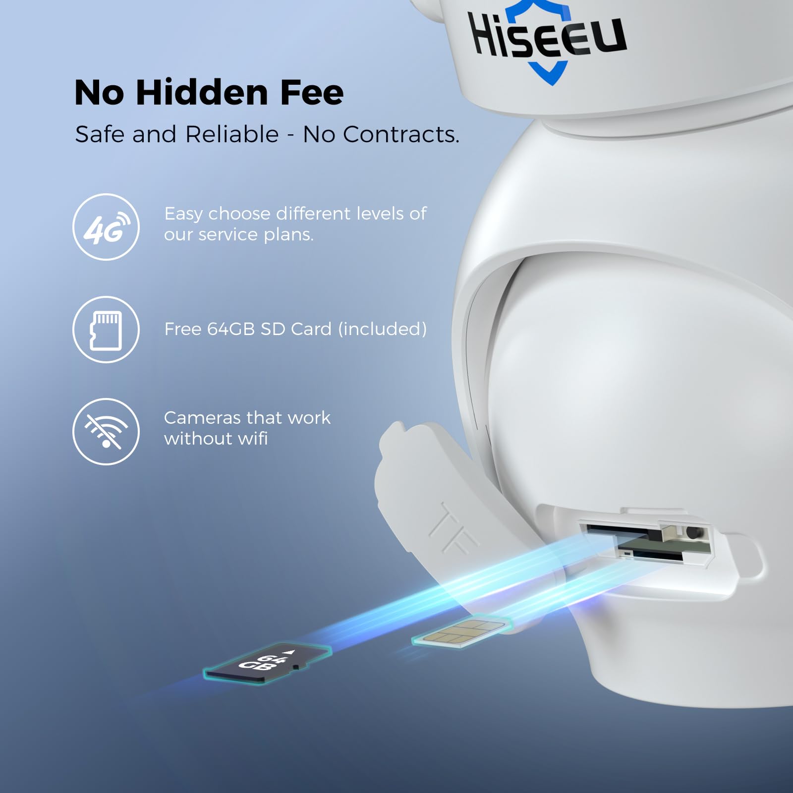 Hiseeu No Wifi Security Camera, [24/7 Recording] 4G Cellular Security Cameras Wireless Outdoor, 20W Solar Cameras 360Ptz, 2K Nig