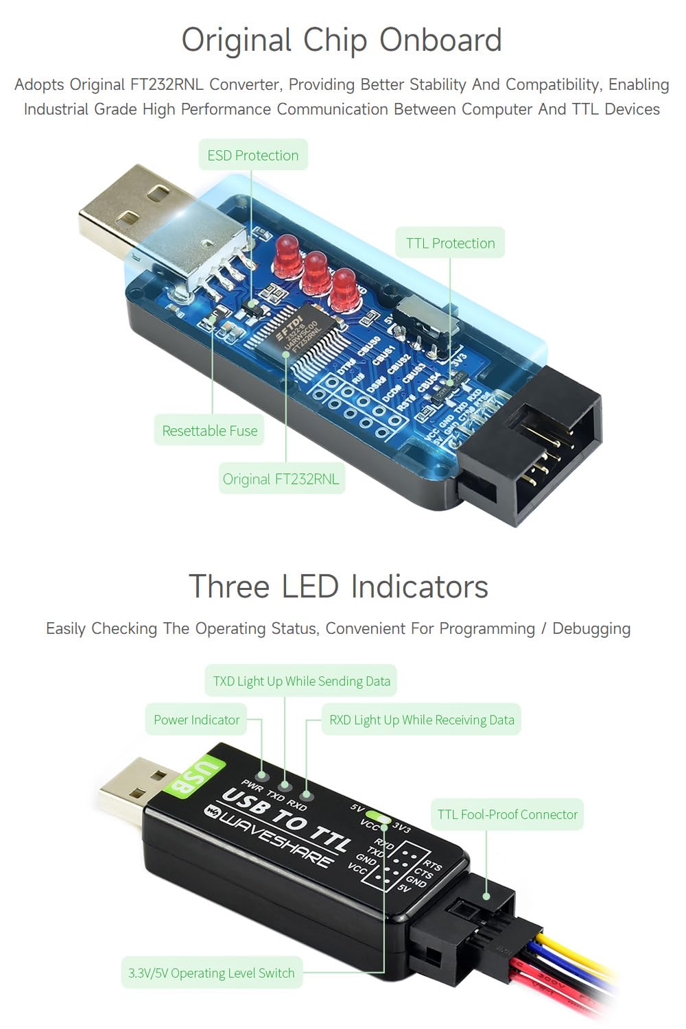 Waveshare Industrial Usb To Ttl Converter With Original Ft232Rnl Onboard And Multi Protection Circuits Support Multi Systems Sup