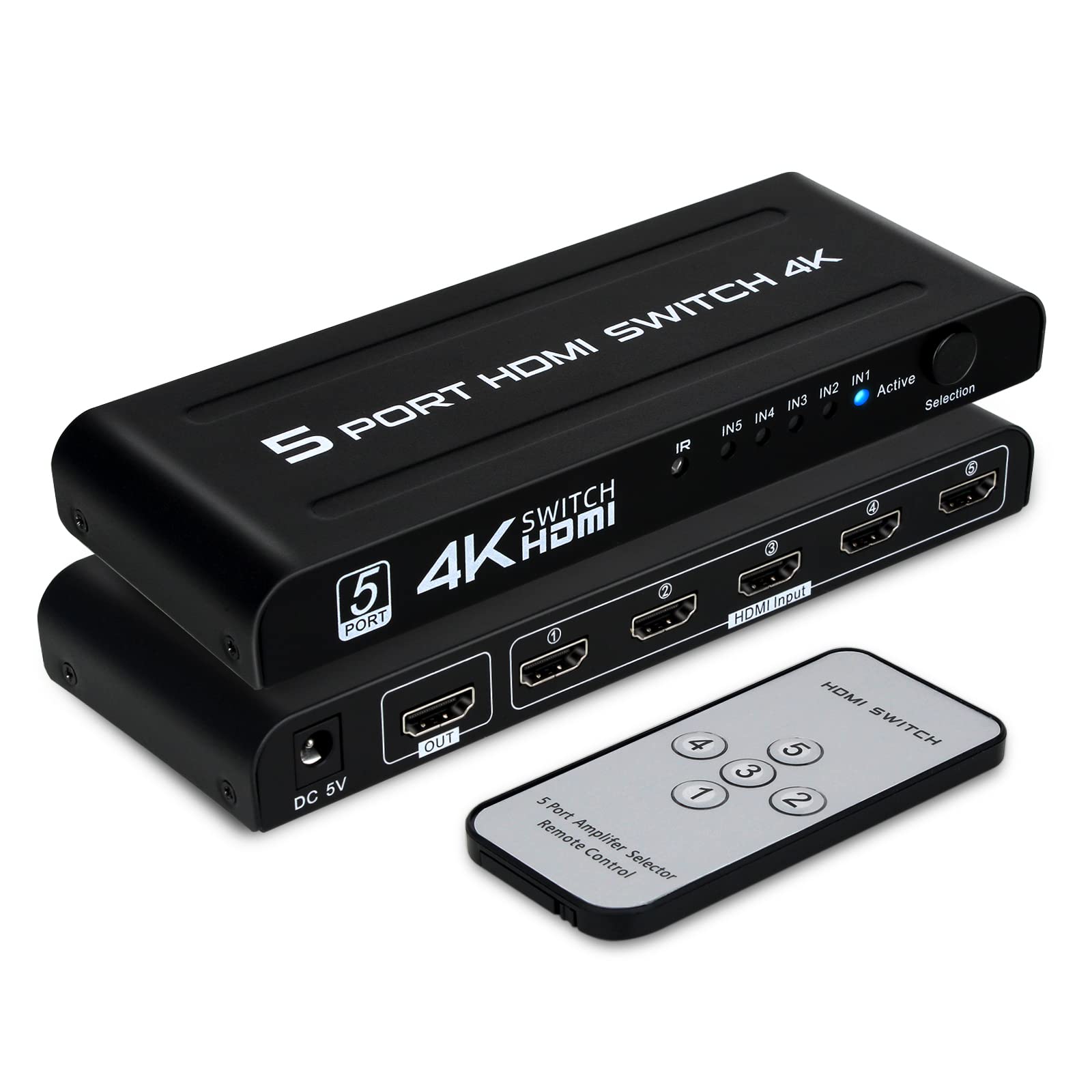 4K Hdmi Switch 5 In 1 Out, 5 Port Hdmi Switcher Selector Box With Ir Remote Control & Auto Switch, Support 4K@30Hz, Hdr, Hdmi 1.