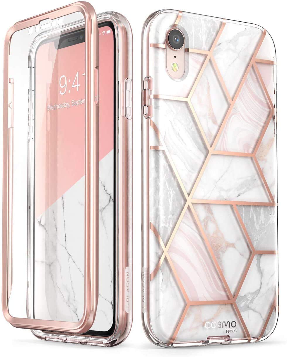 i-Blason Cosmo Full-Body Bumper Case with Built-in Screen Protector for iPhone XR 2018 Release, Pink Marble, 6.1
