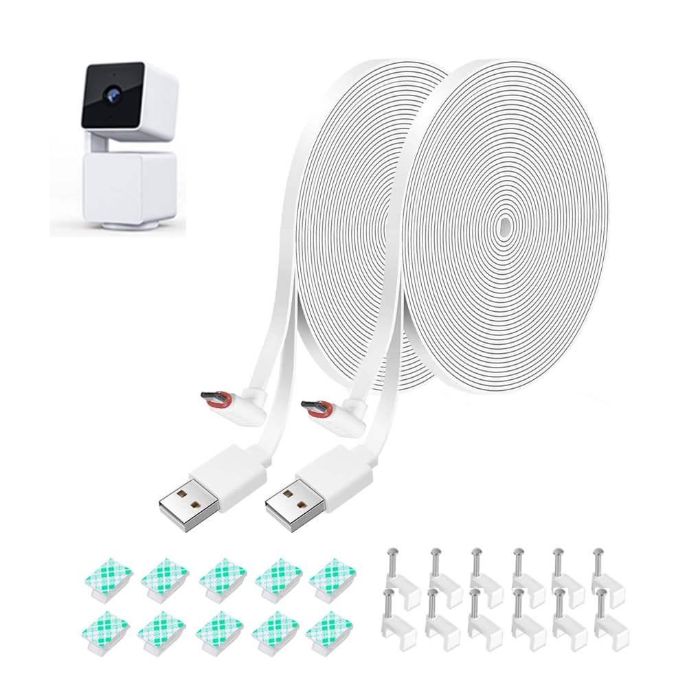 26Ft Power Extension Cable For Wyze Cam Pan V3   Weatherproof Flat Power Charging Cord With L Shape Connector, 2 Pack (White)   Not Compatible With Wyze Cam V3/V4
