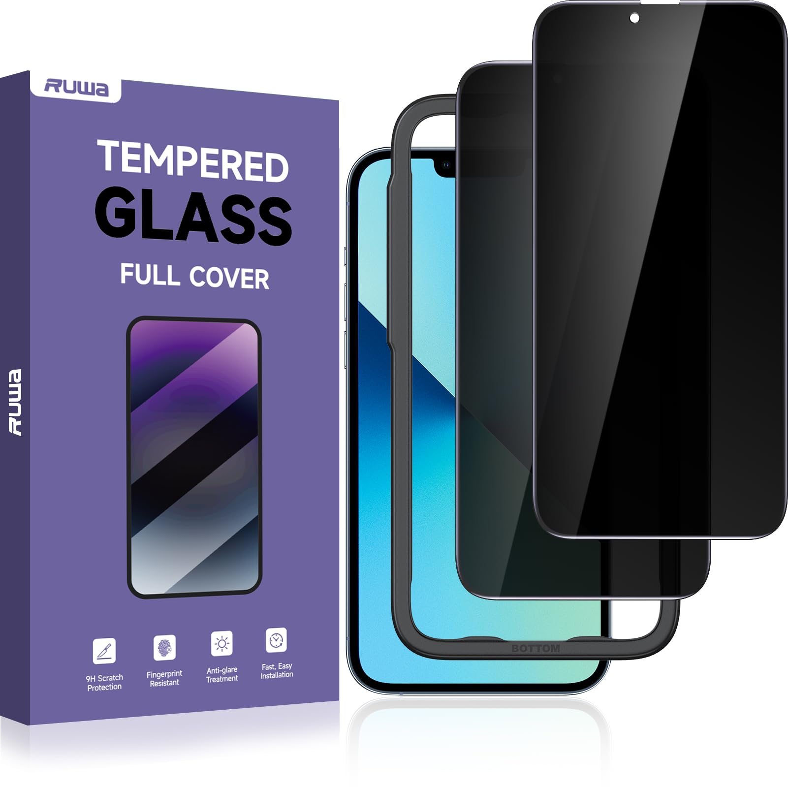 ruwa Privacy Screen Protector for iPhone 13 Pro Max/14 Plus [6.7 Inch][2-Pack] Anti-peep Tempered Glass Film with Easy Installat
