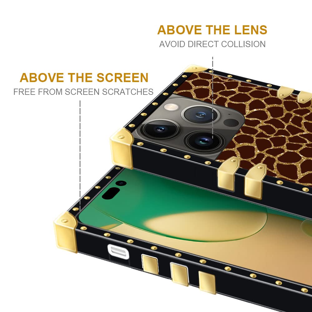 Pinsheng Phone Case Compatible iPhone 14 Pro Max Square Shockproof TPU Metal Giraffe Pattern