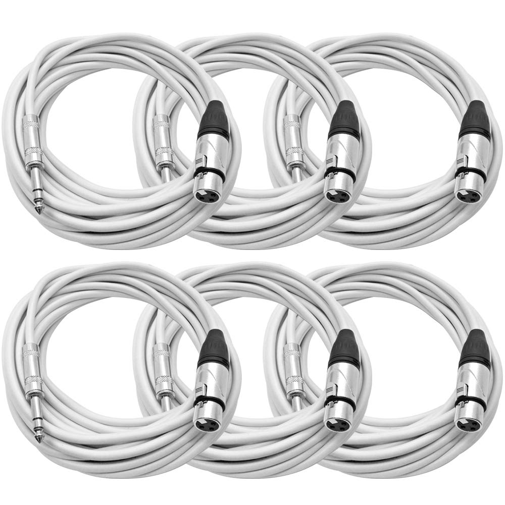 Seismic Audio - Satrxl-F25White-6Pack - 6 Pack Of 25 Foot White Xlr Female To 1/4 Inch Trs Patch Cables- 25' Professional Audio 